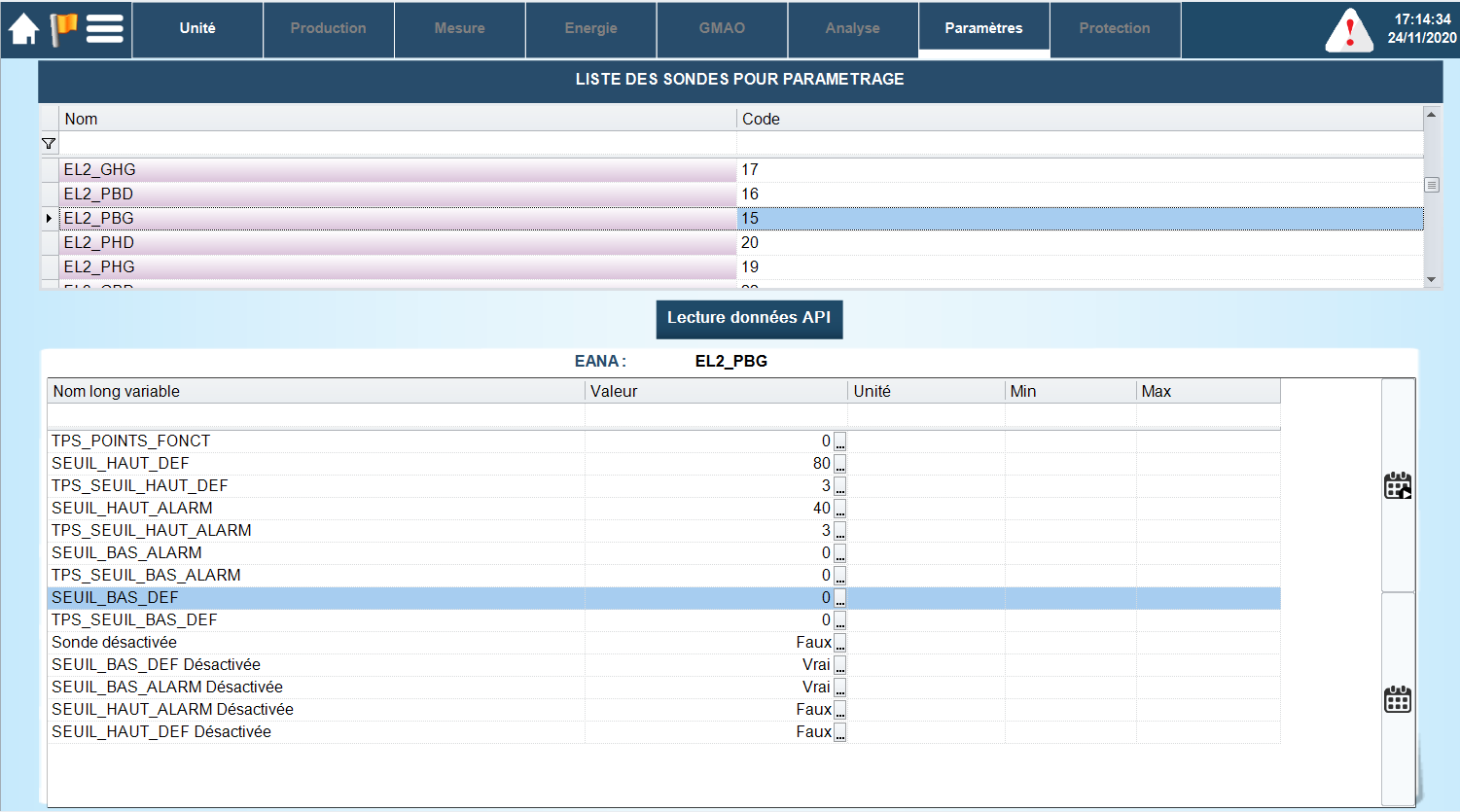 Interface de paramétrage des sondes